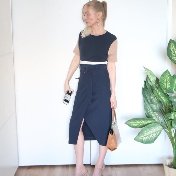 Zarina Smart Navy Blue False Wrap Midi Career Pencil Skirt With Belt S - Picture 14 of 16